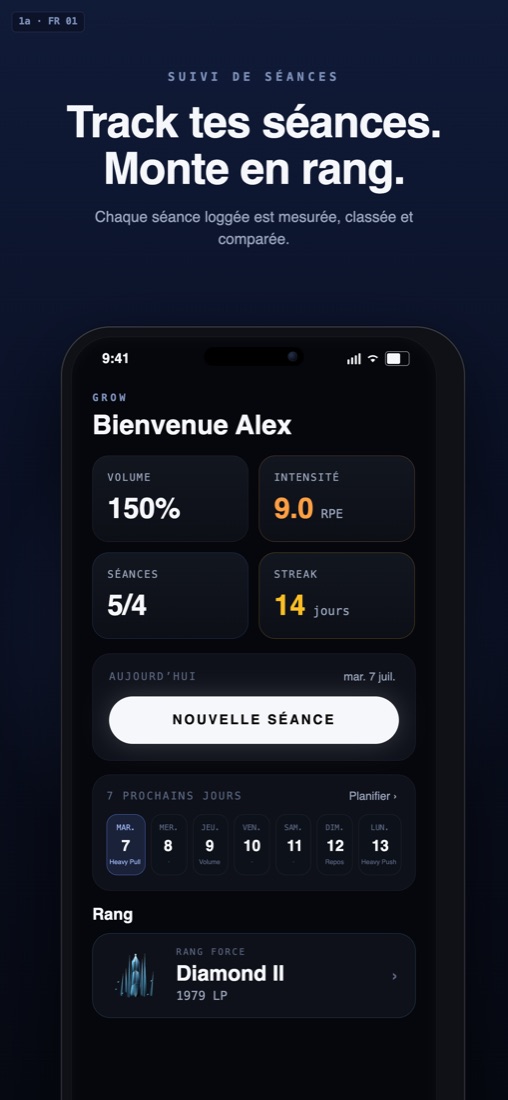 Écran d'accueil de l'application Grow : suivi des statistiques et planification de la semaine